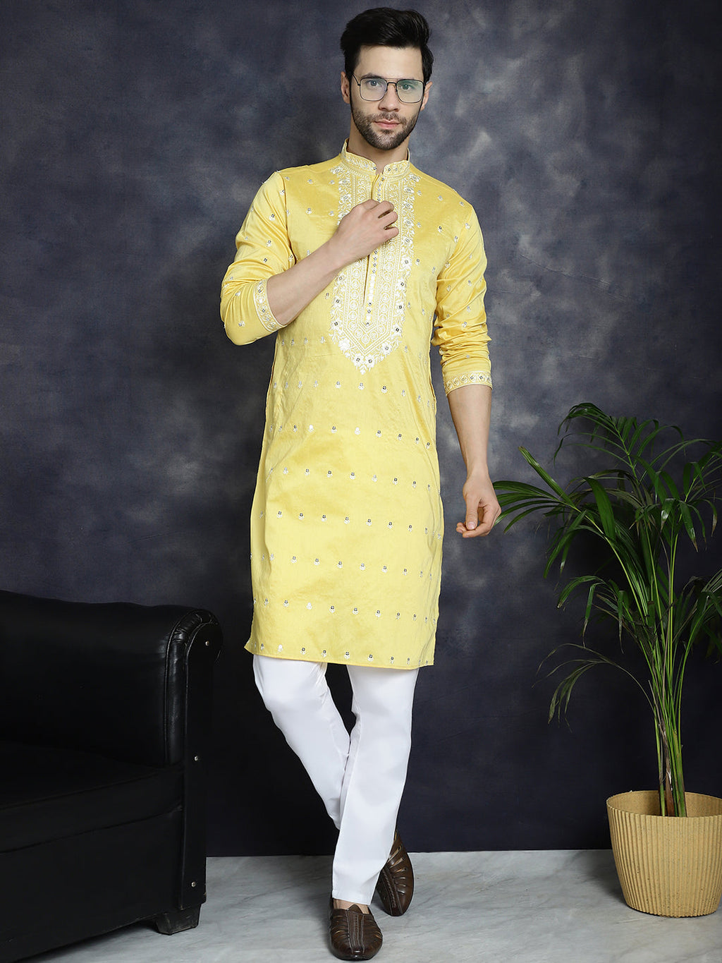 Jompers Men's Chikankari Embroidered Kurta Pyjama Set - Yellow