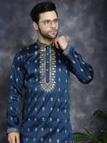 Jompers Men's Navy Blue Chikankari Embroidered Kurta With Pyjama