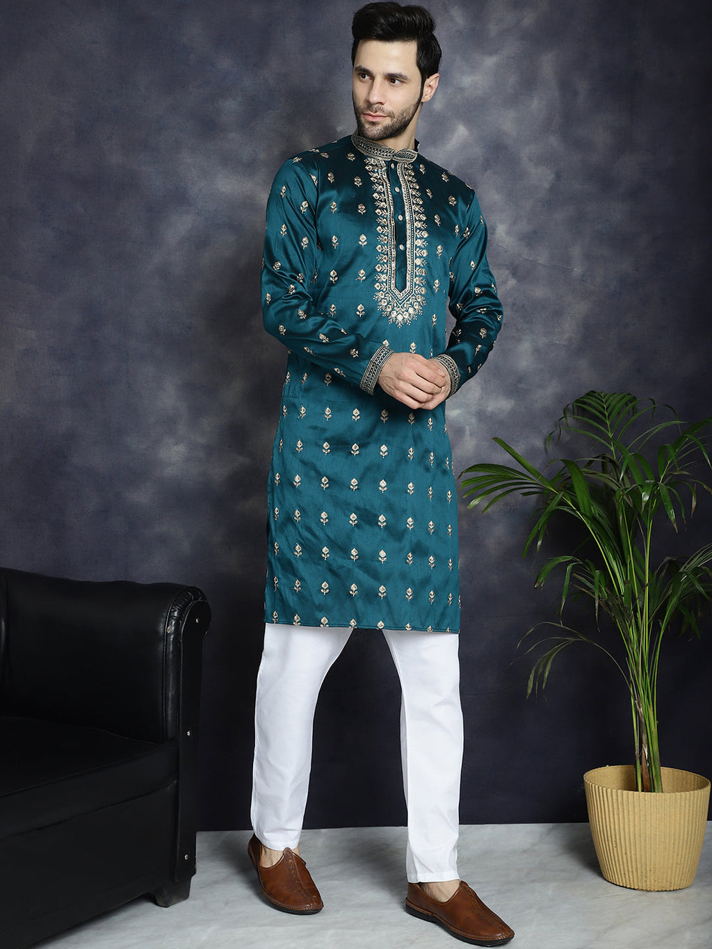 Jompers Men's Peacock Blue Chikankari Embroidered Kurta With Pyjama