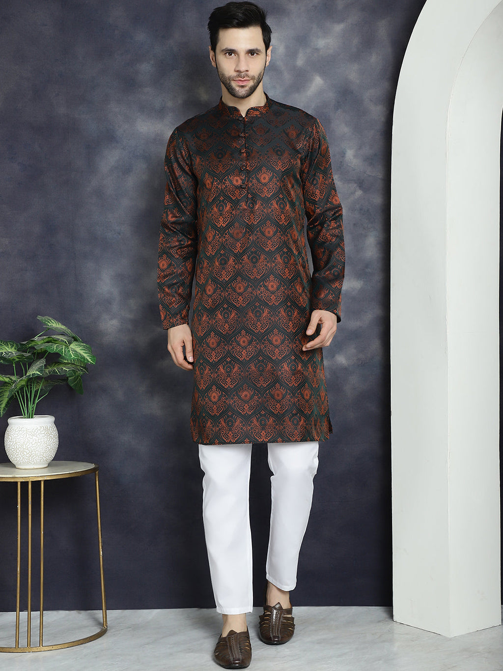 Jompers Men's Bronze Silk Blend Straight Kurta Pyjama Set