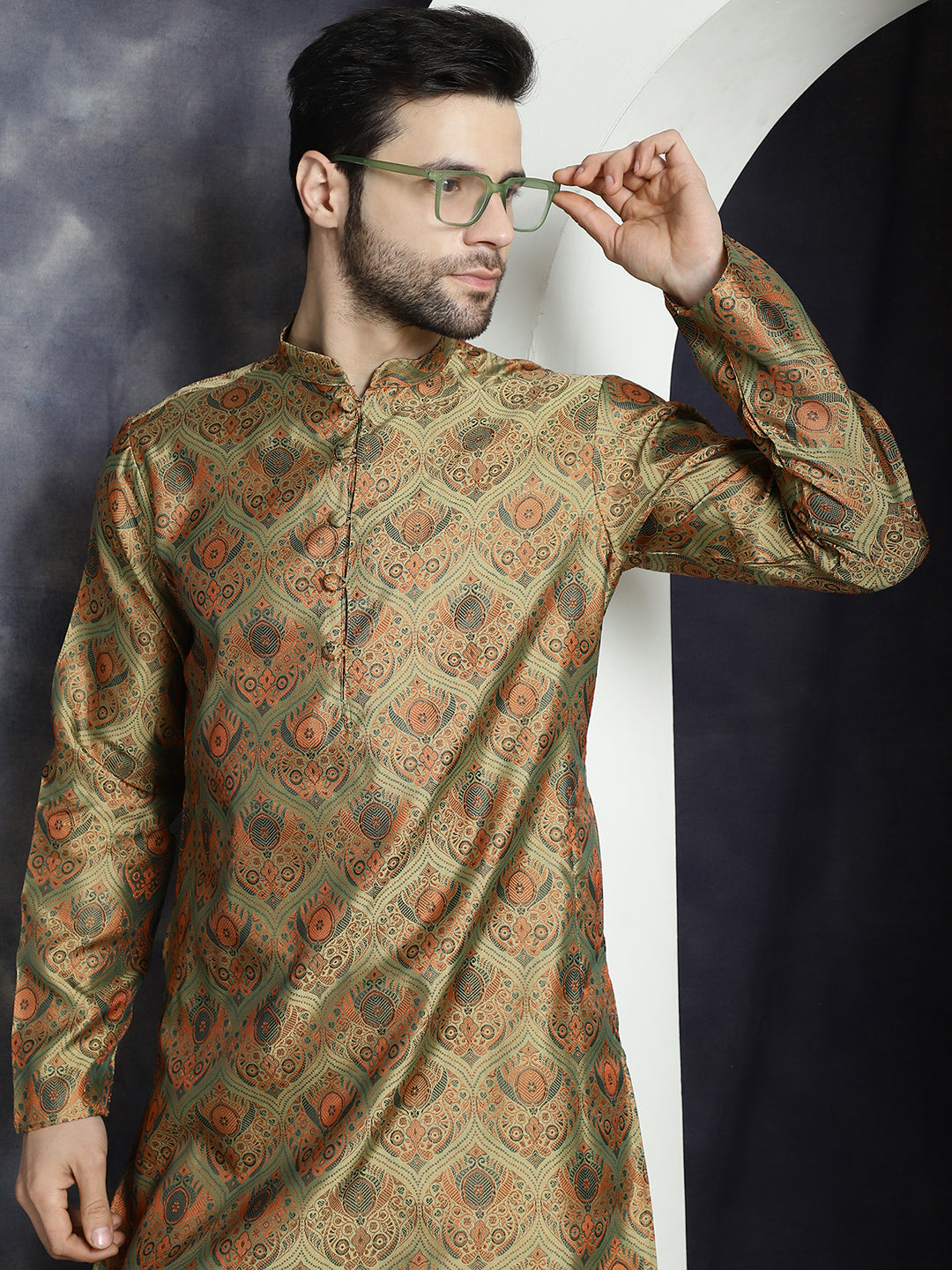 Jompers Men's Golden Silk Blend Straight Kurta Pyjama Set