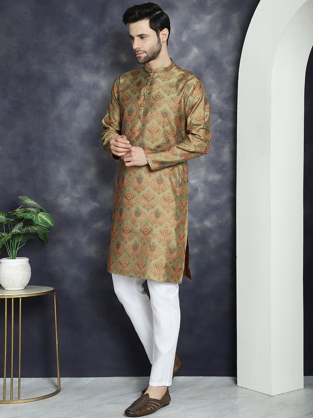 Jompers Men's Golden Silk Blend Straight Kurta Pyjama Set