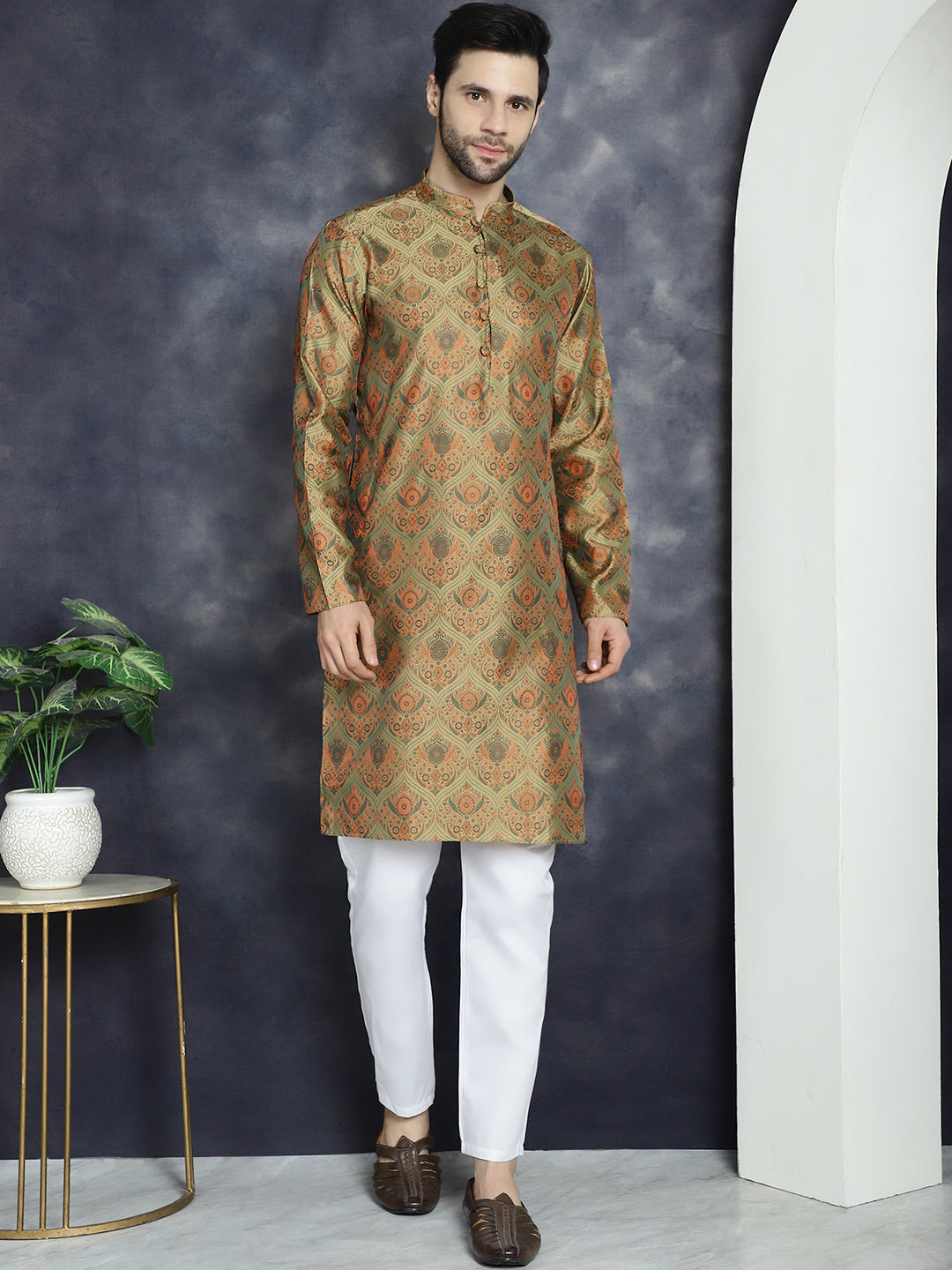 Jompers Men's Golden Silk Blend Straight Kurta Pyjama Set