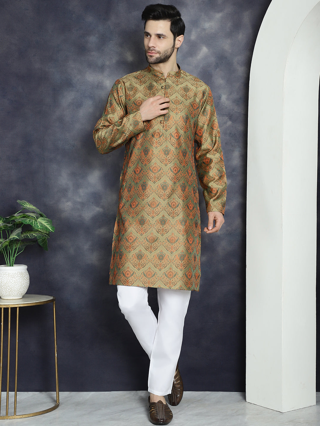 Jompers Men's Golden Silk Blend Straight Kurta Pyjama Set