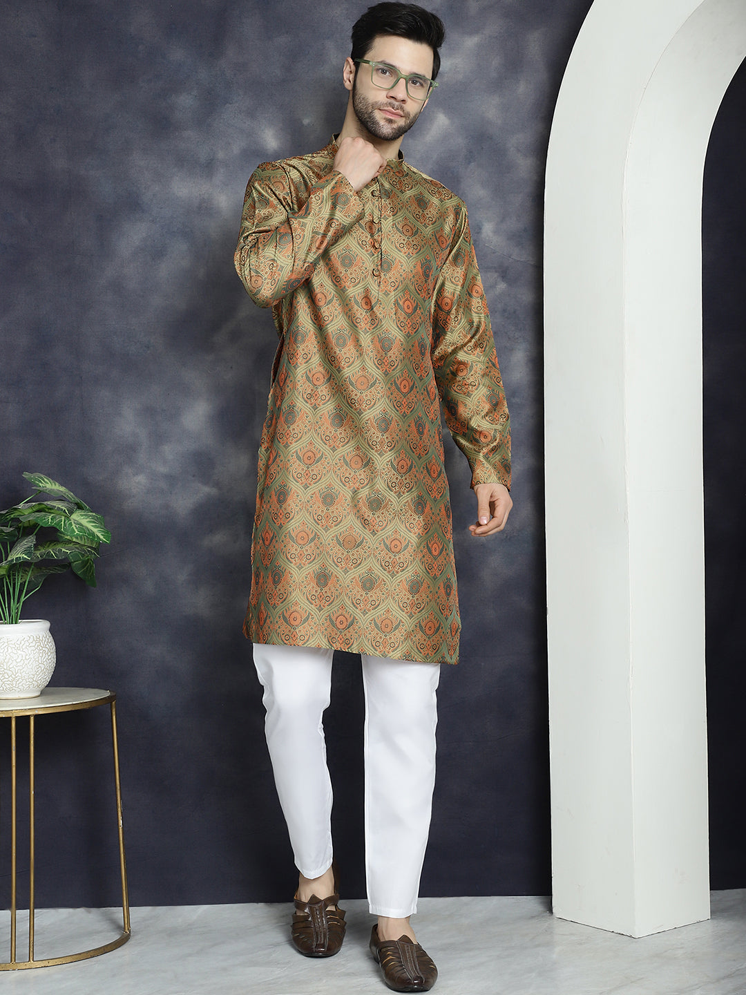 Jompers Men's Golden Silk Blend Straight Kurta Pyjama Set