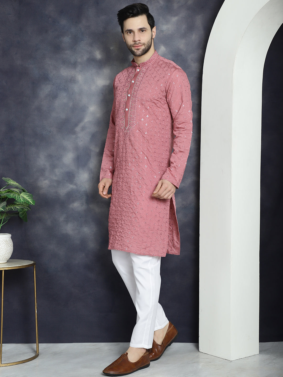 Jompers Men's Sequins Embroidered Kurta With Pyjama - Coral