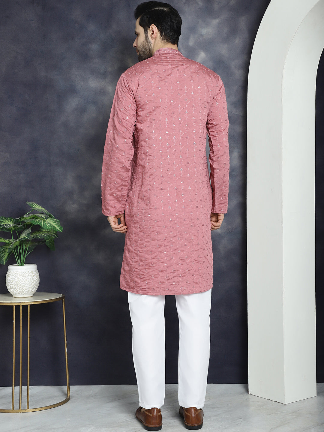 Jompers Men's Sequins Embroidered Kurta With Pyjama - Coral