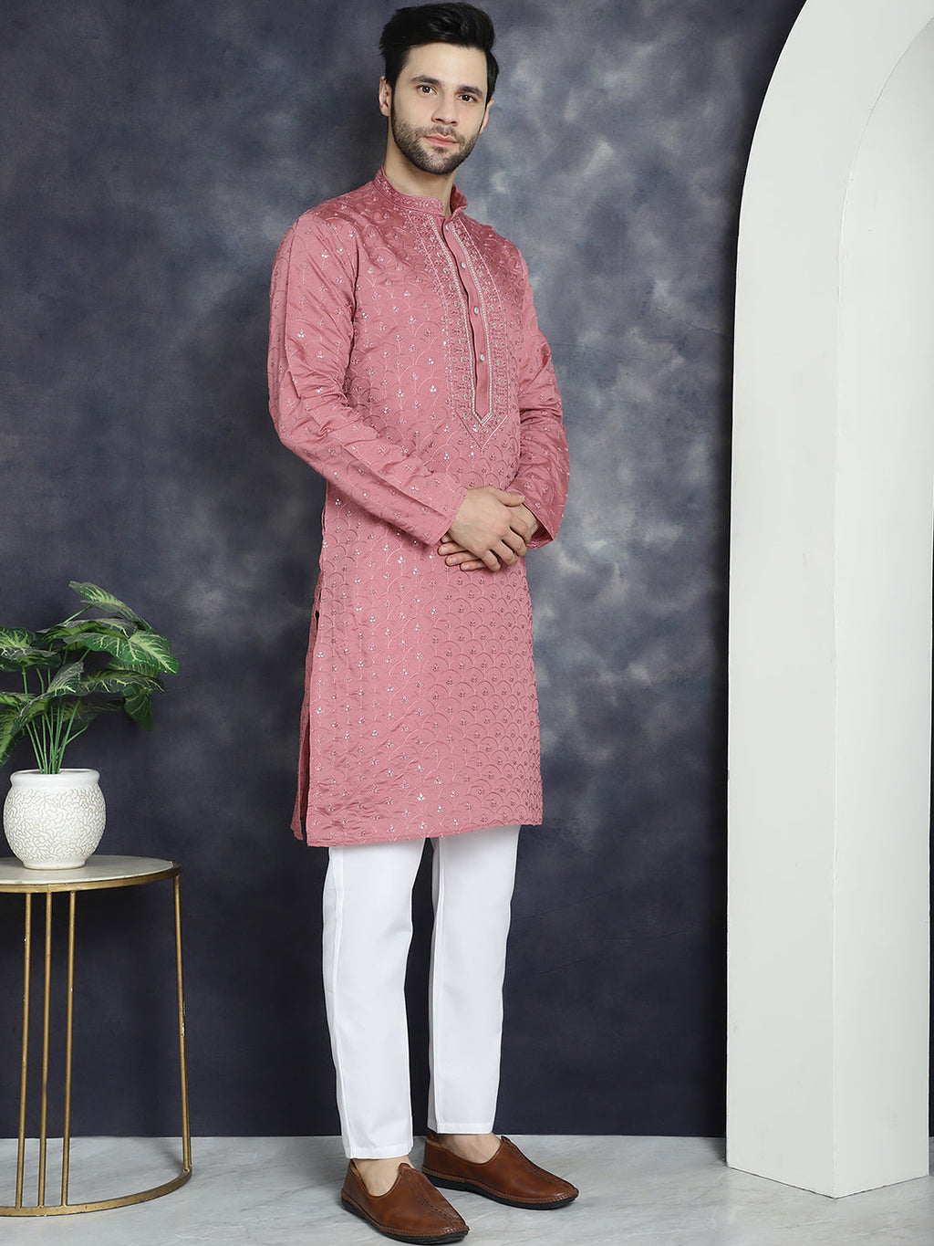 Jompers Men's Sequins Embroidered Kurta With Pyjama - Coral
