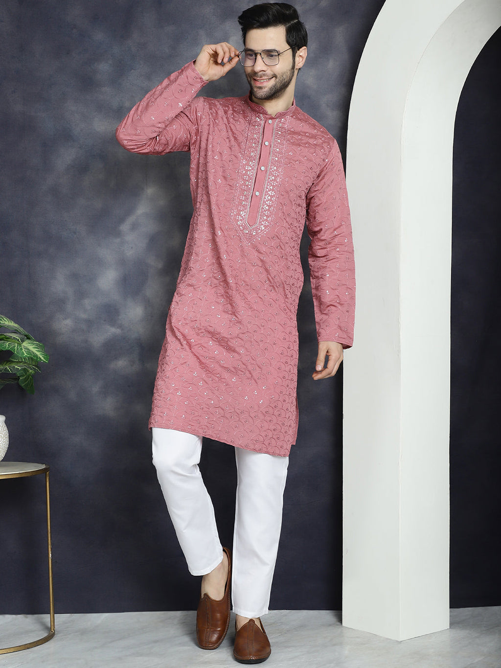 Jompers Men's Sequins Embroidered Kurta With Pyjama - Coral