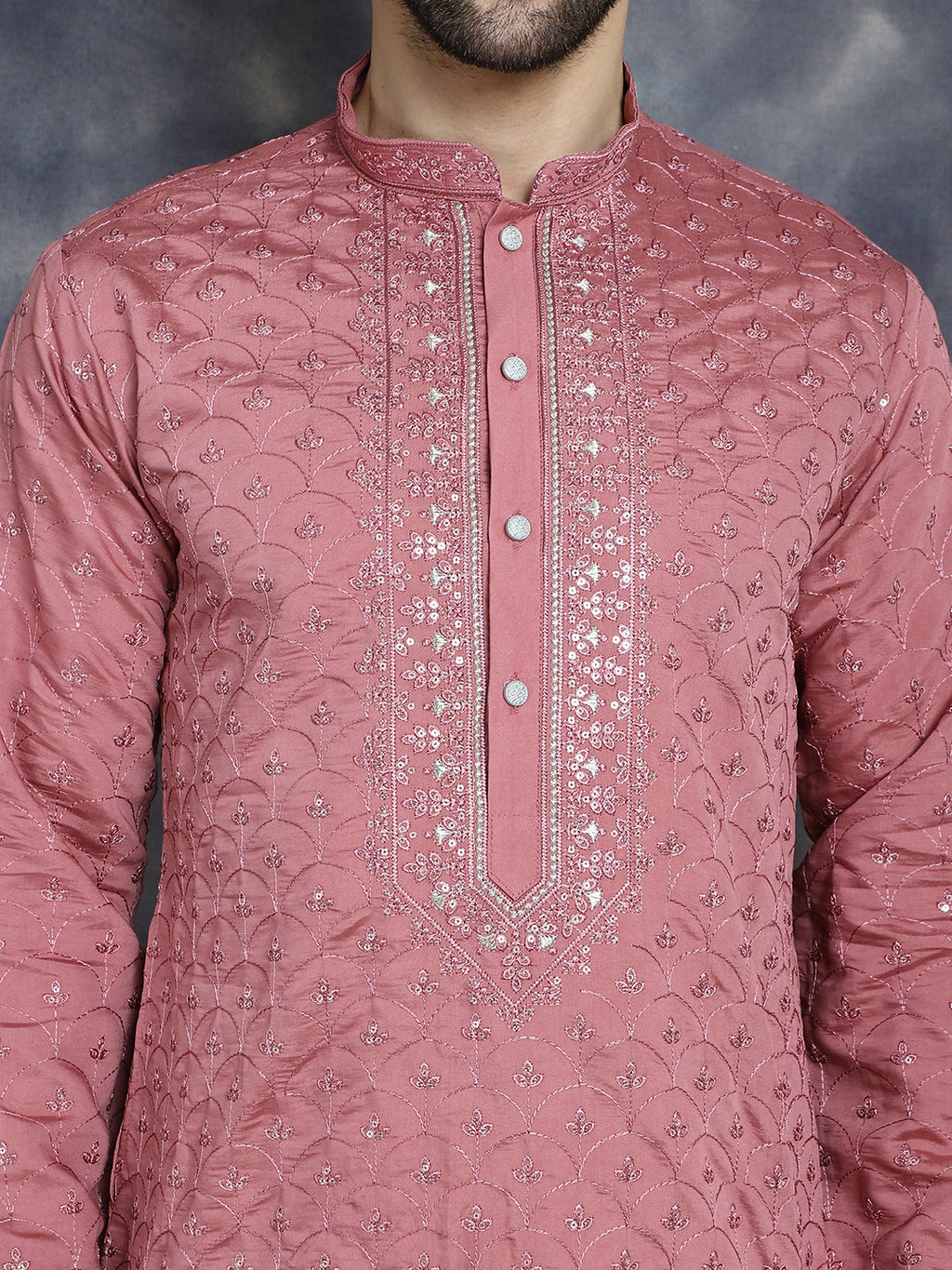 Jompers Men's Sequins Embroidered Kurta With Pyjama - Coral