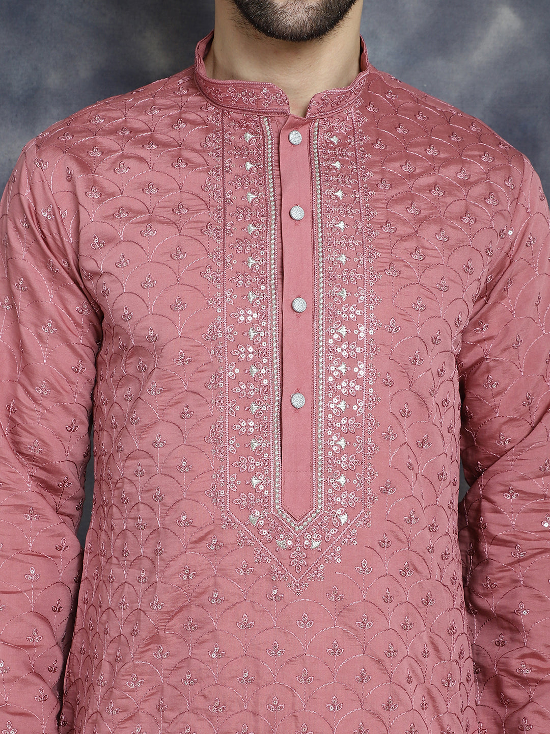 Jompers Men's Sequins Embroidered Kurta With Pyjama - Coral