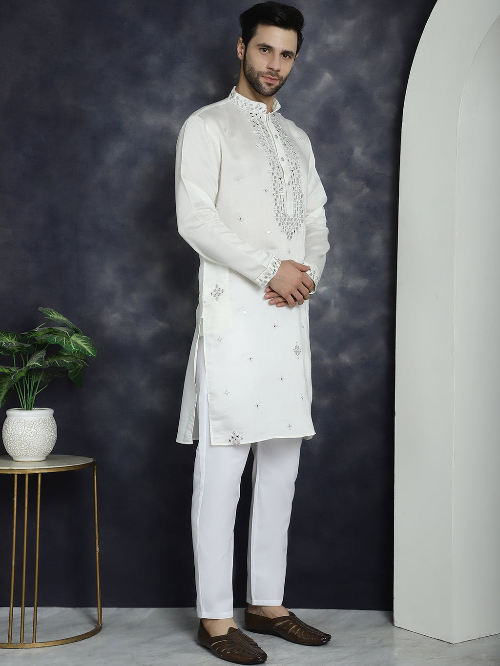 Jompers Men's Embroidered Kurta With Pyjama - White
