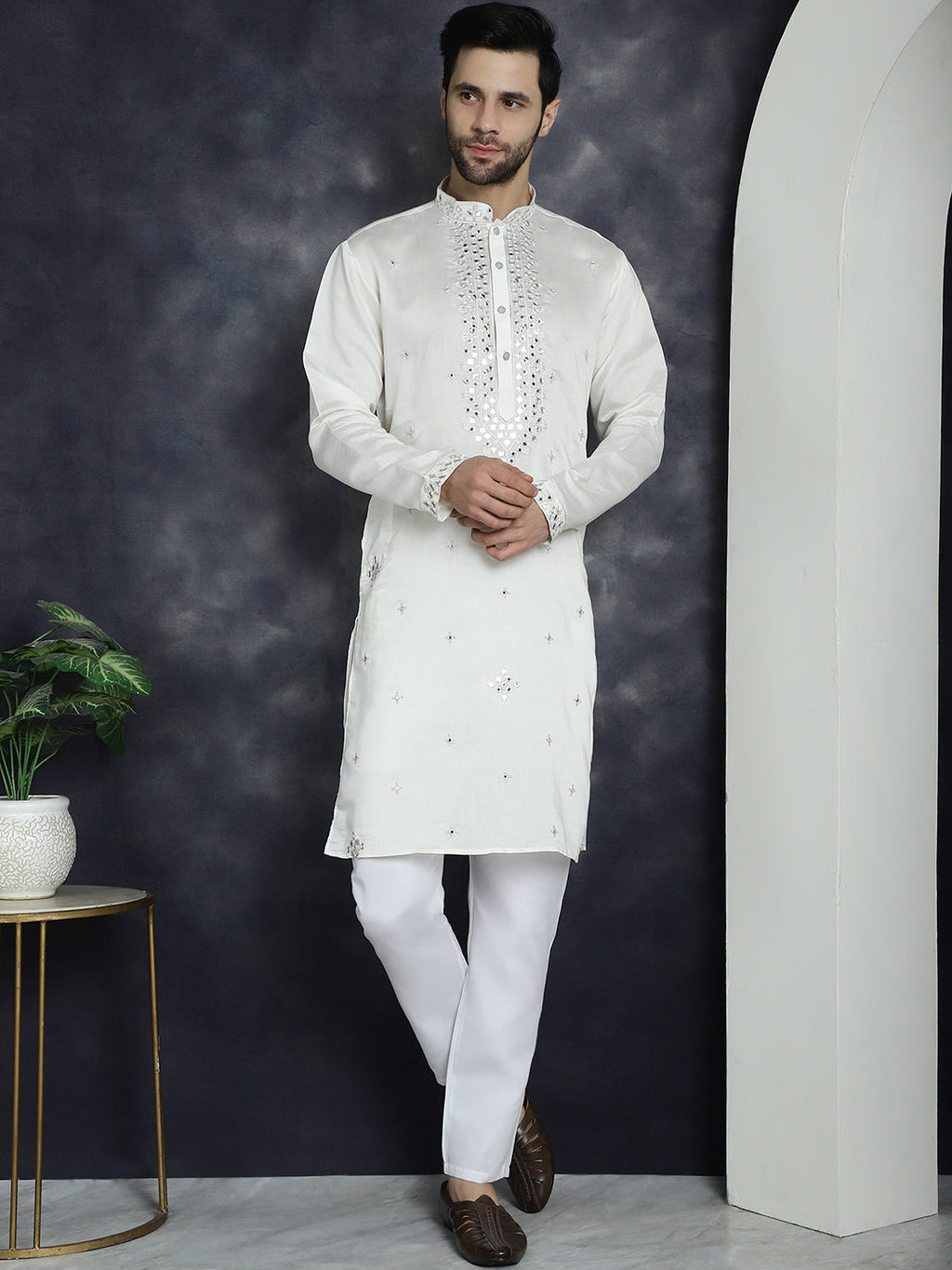 Jompers Men's Embroidered Kurta With Pyjama - White