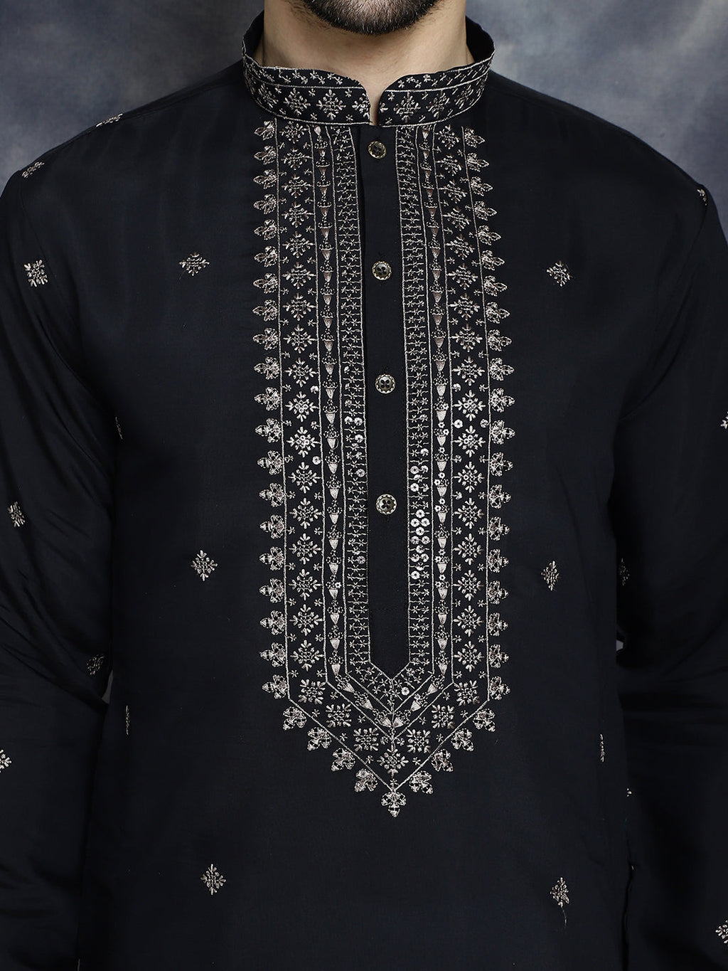 Jompers Men's Sequins Embroidered Kurta With Pyjama - Black
