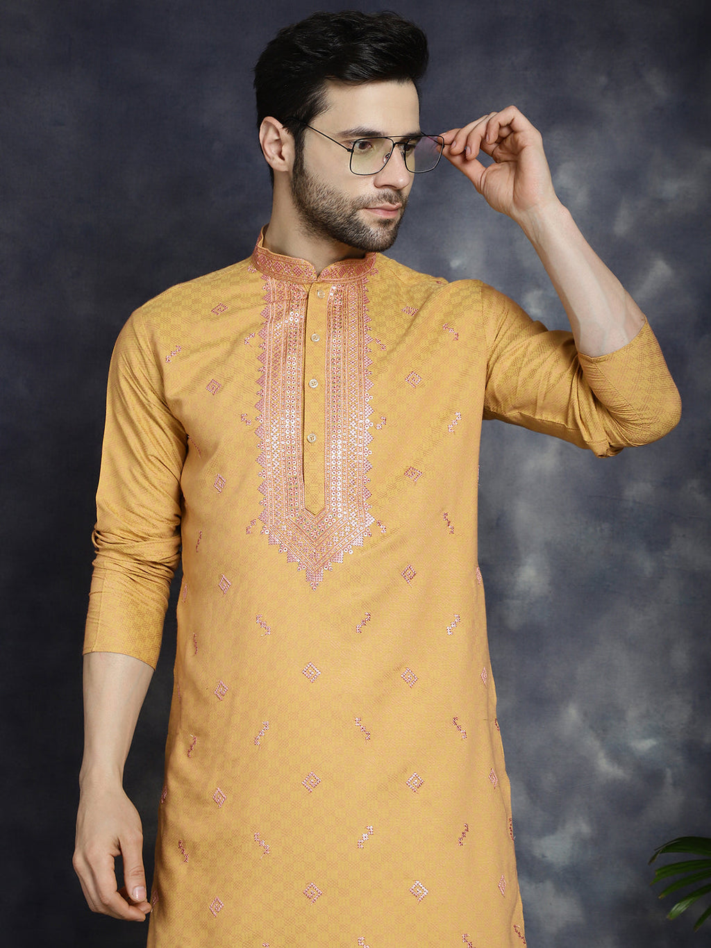 Jompers Men's Sequins Embroidered Kurta With Pyjama - Orange