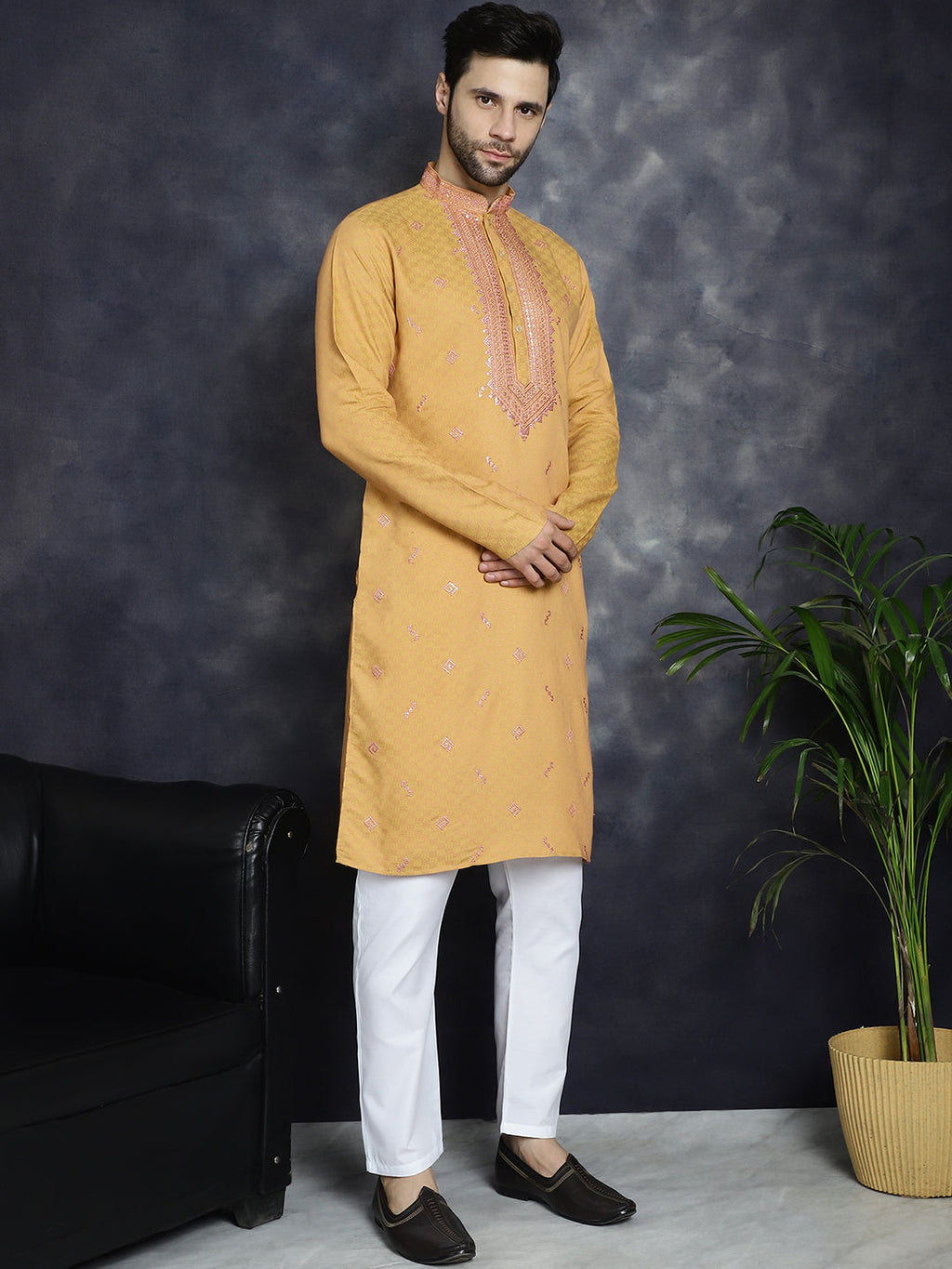 Jompers Men's Sequins Embroidered Kurta With Pyjama - Orange