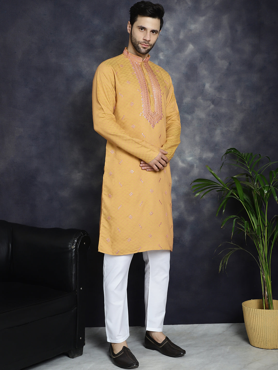 Jompers Men's Sequins Embroidered Kurta With Pyjama - Orange