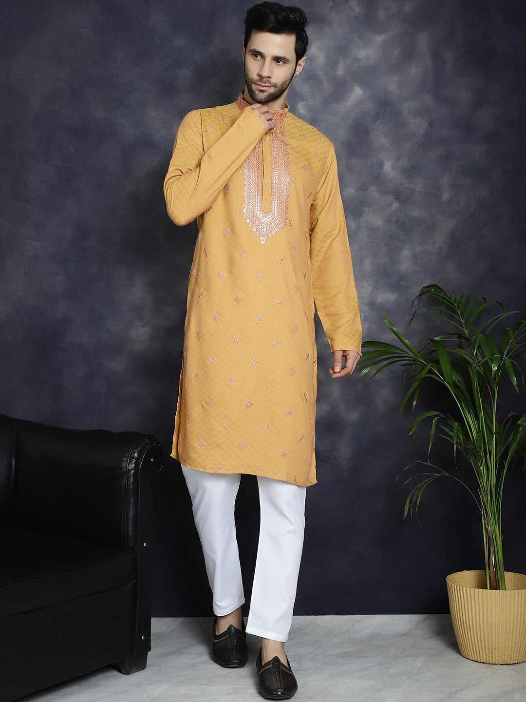 Jompers Men's Sequins Embroidered Kurta With Pyjama - Orange