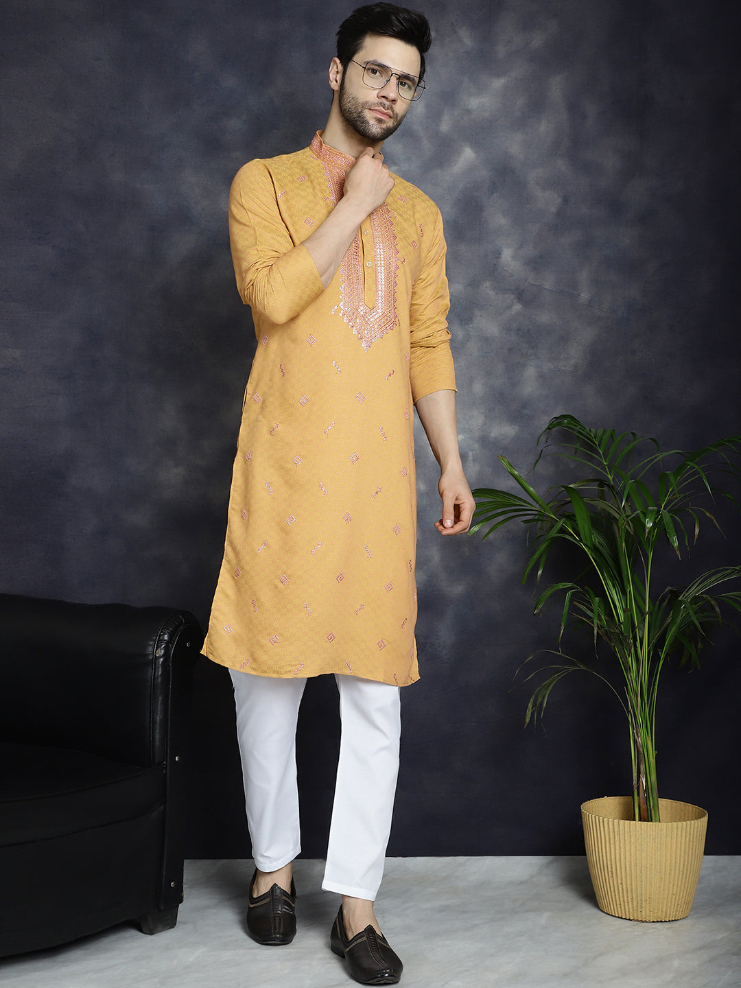 Jompers Men's Sequins Embroidered Kurta With Pyjama - Orange