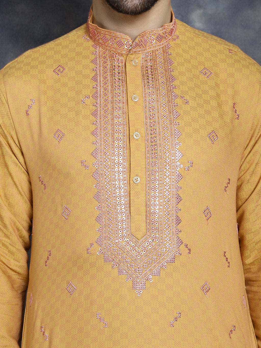Jompers Men's Sequins Embroidered Kurta With Pyjama - Orange