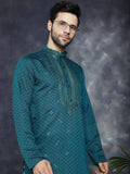 Jompers Men's Sequins Embroidered Kurta With Pyjama - Teal