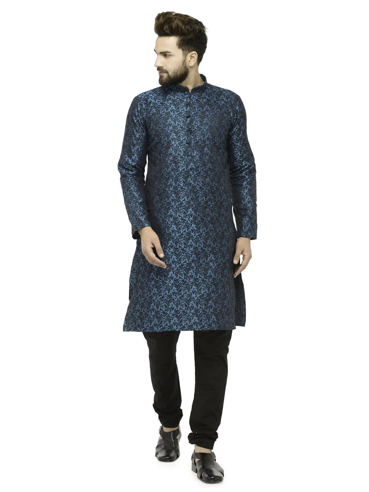 Jompers Men's Green & Black Self Design Kurta with Churidar