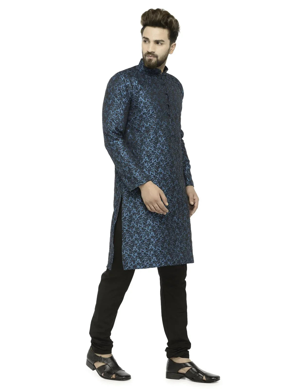 Jompers Men's Green & Black Self Design Kurta with Churidar
