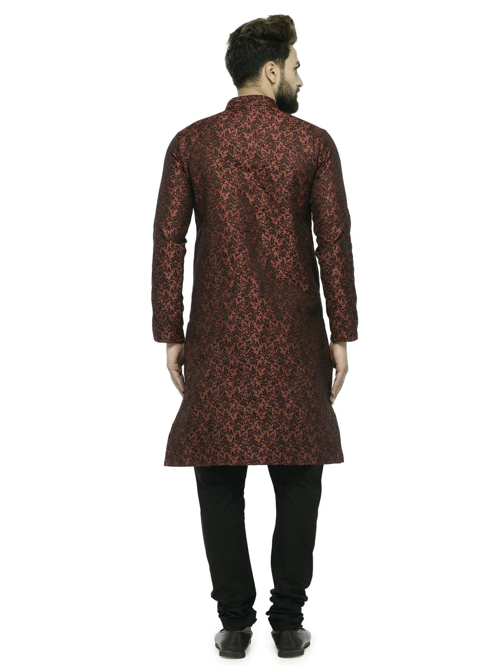 Jompers Men's Maroon & Black Woven Design Kurta with Churidar