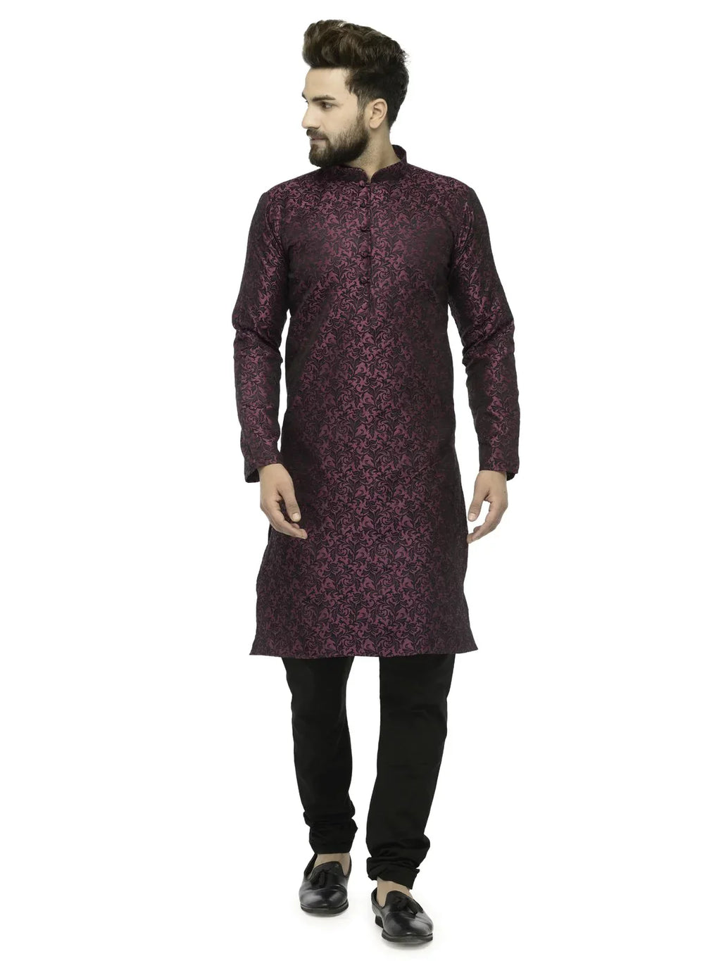 Jompers Men's Purple & Black Self Design Kurta with Churidar