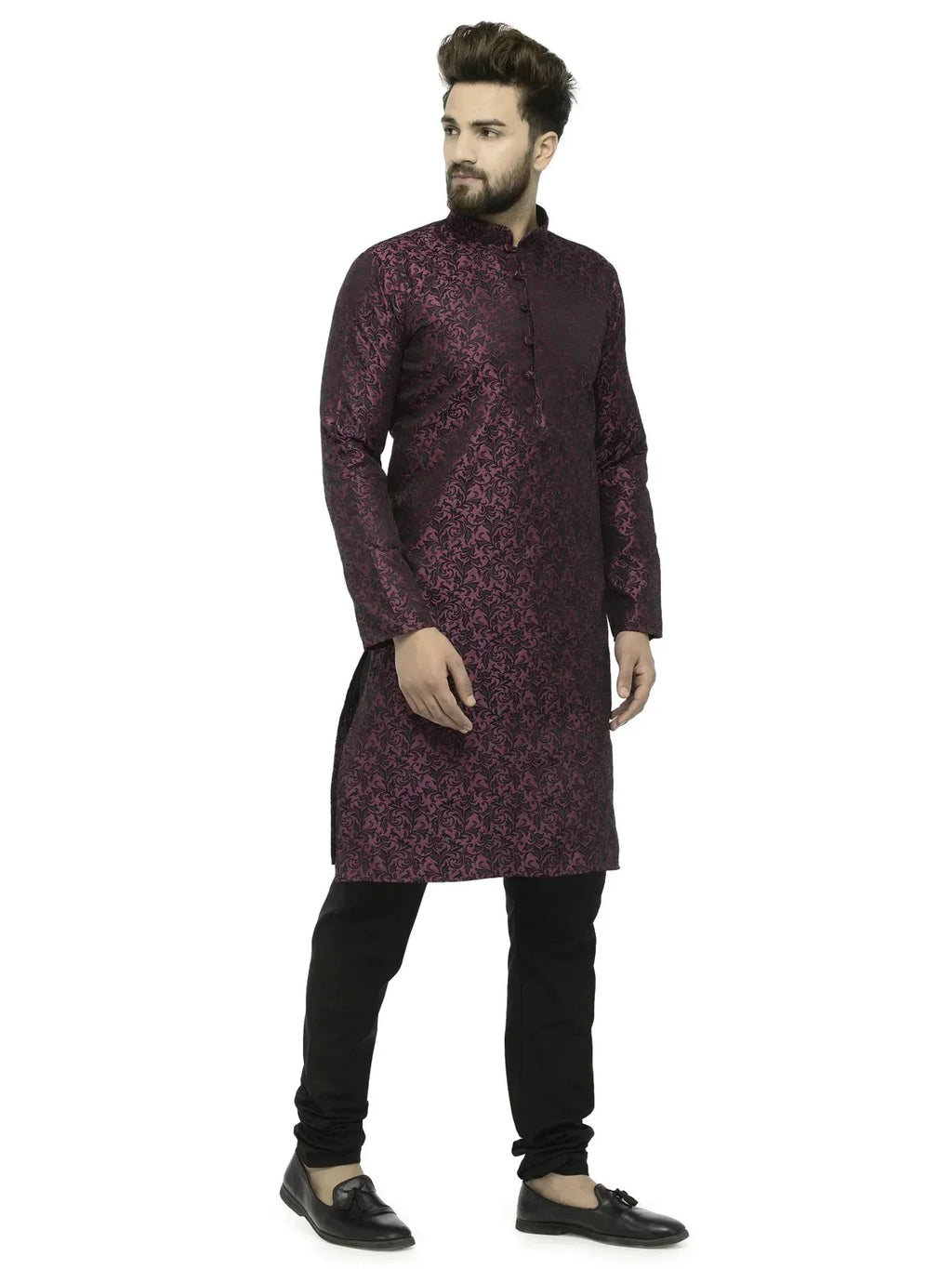 Jompers Men's Purple & Black Self Design Kurta with Churidar