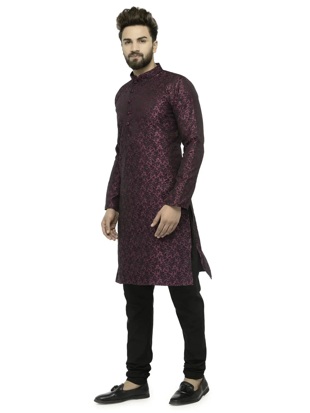 Jompers Men's Purple & Black Self Design Kurta with Churidar