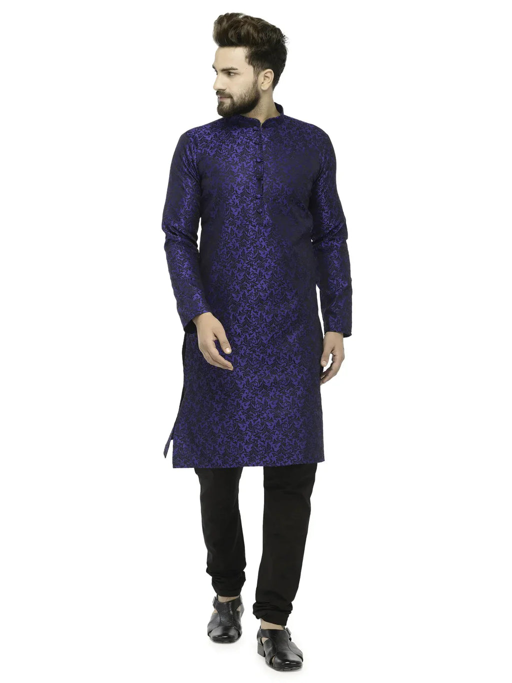 Jompers Men's Royal Blue & Black Self Design Kurta with Churidar