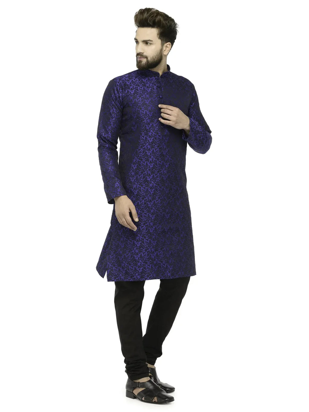 Jompers Men's Royal Blue & Black Self Design Kurta with Churidar