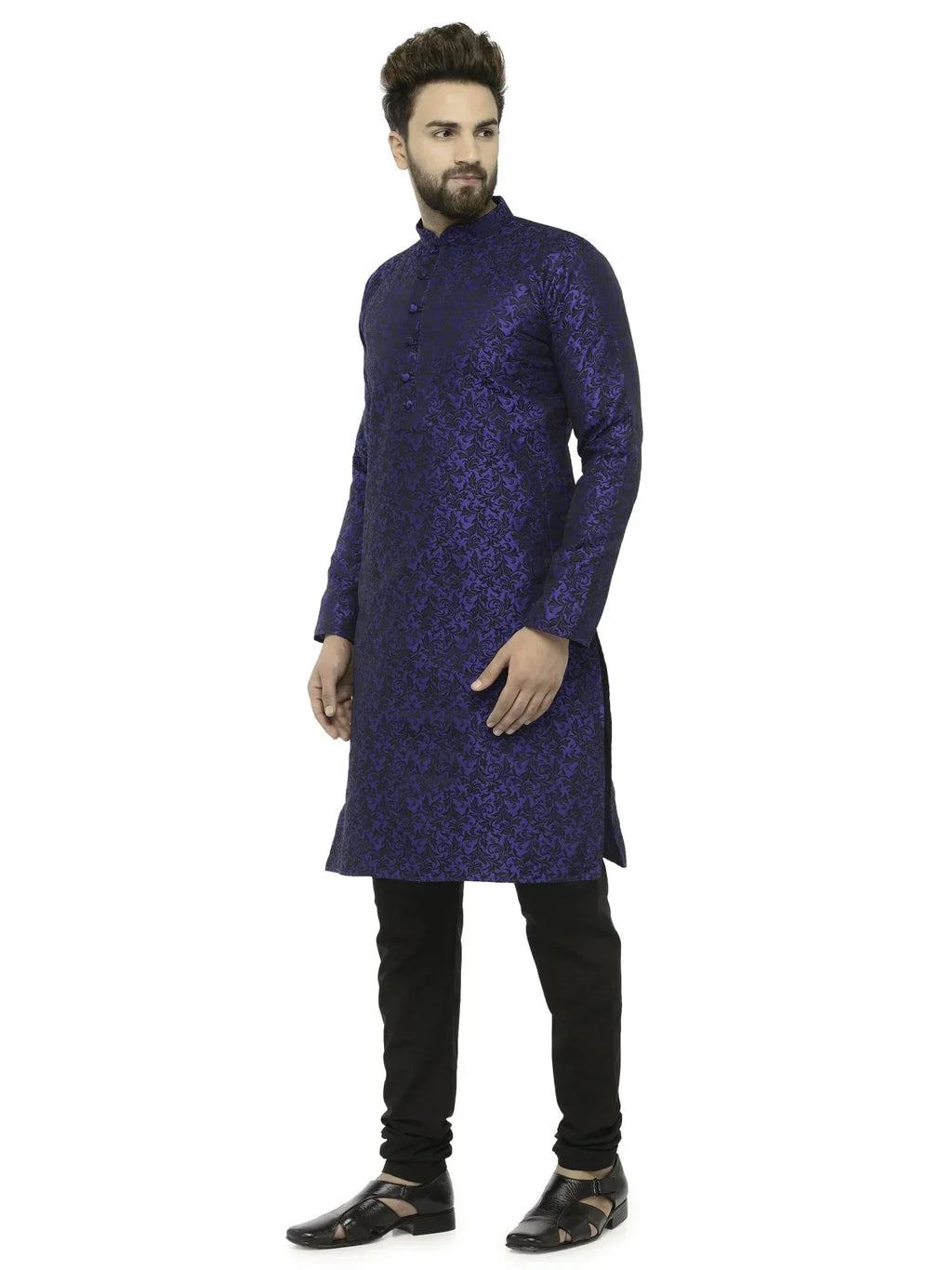 Jompers Men's Royal Blue & Black Self Design Kurta with Churidar