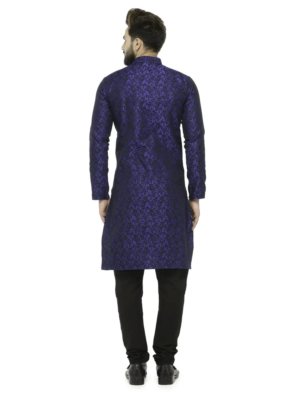 Jompers Men's Royal Blue & Black Self Design Kurta with Churidar
