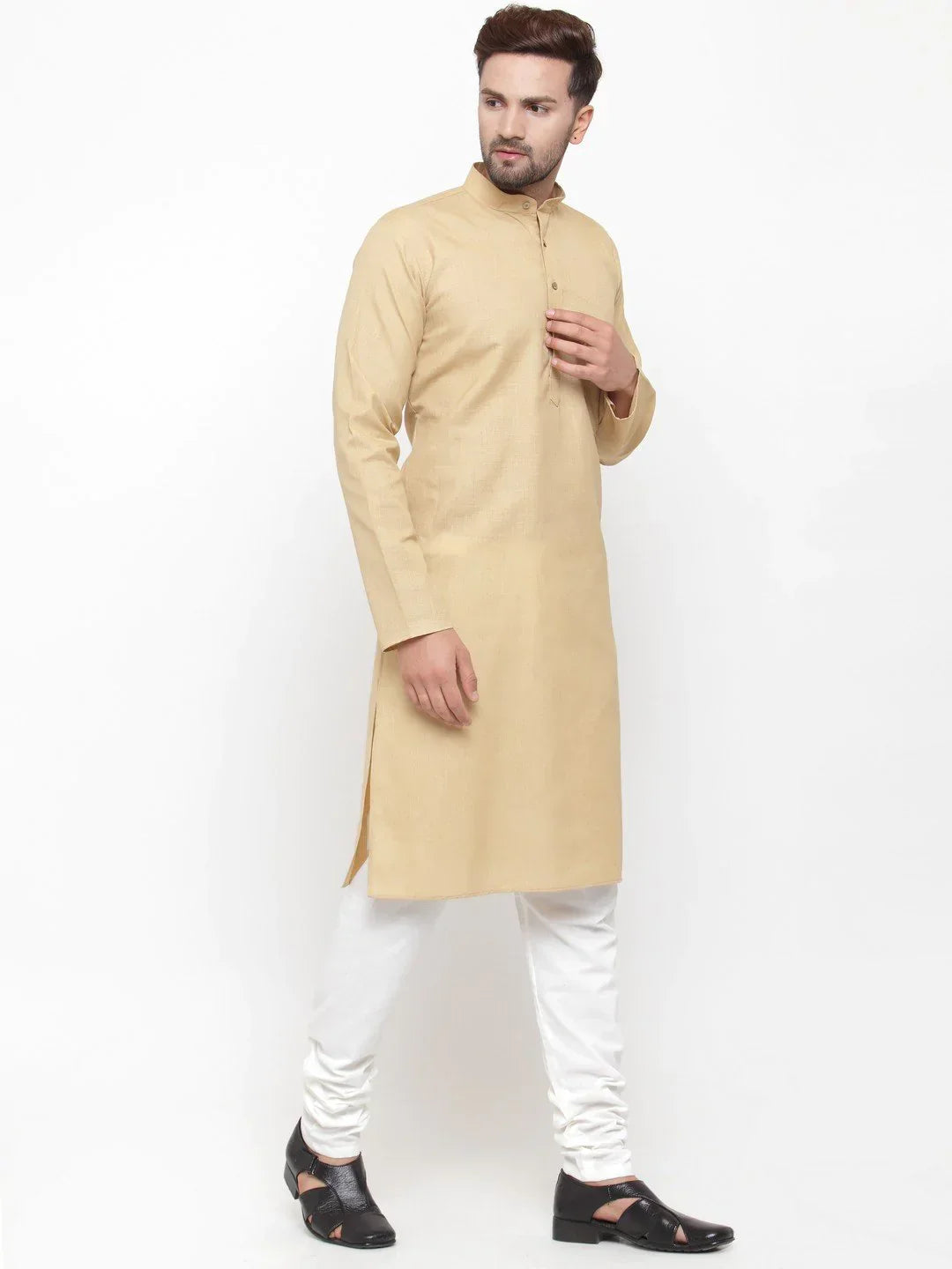 Jompers Men's Beige & White Solid Kurta with Churidar