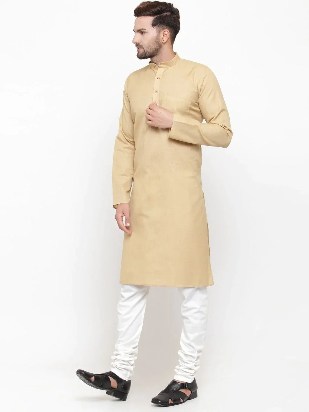 Jompers Men's Beige & White Solid Kurta with Churidar