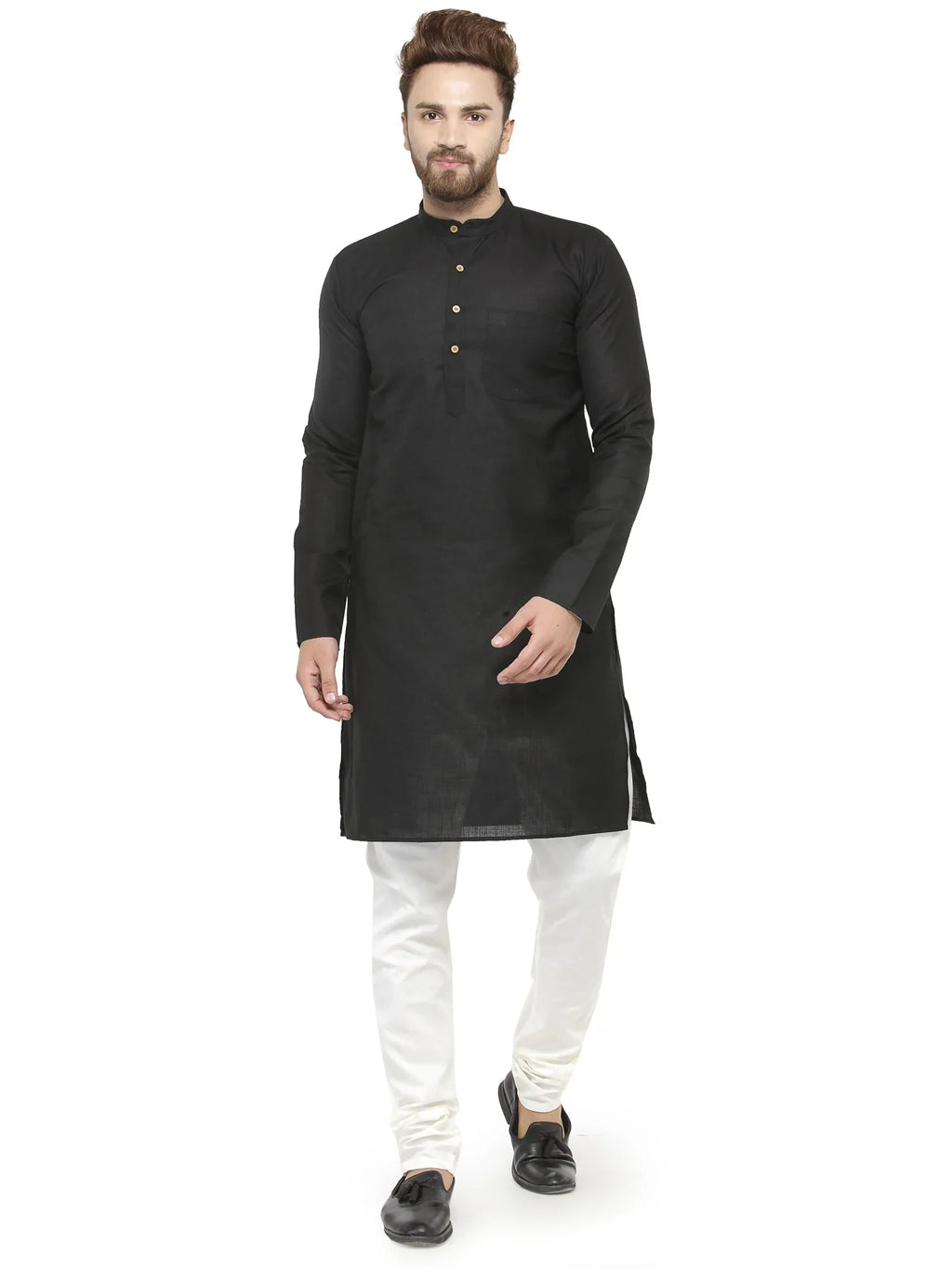 Jompers Men's Black & White Solid Kurta with Churidar