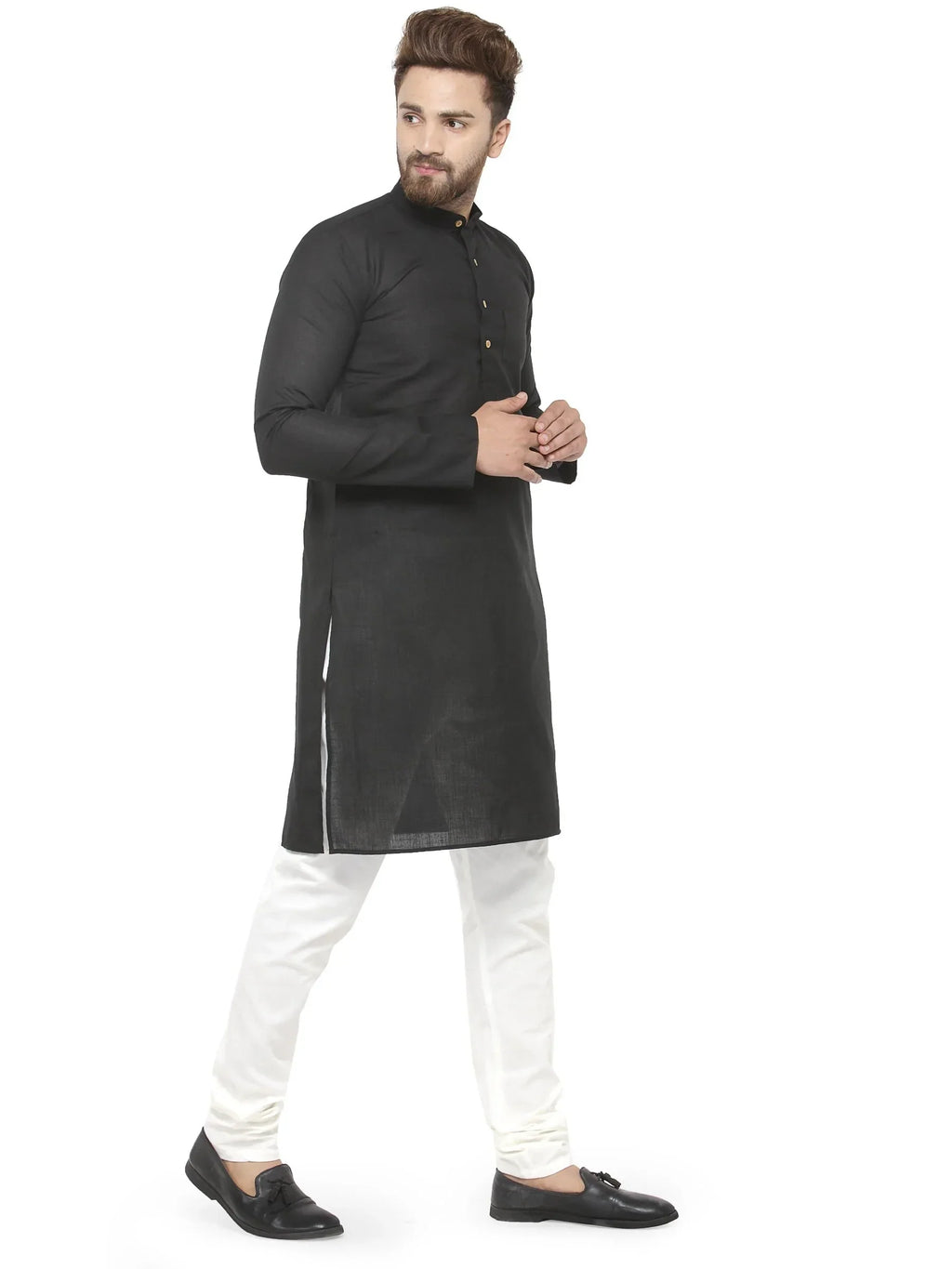 Jompers Men's Black & White Solid Kurta with Churidar