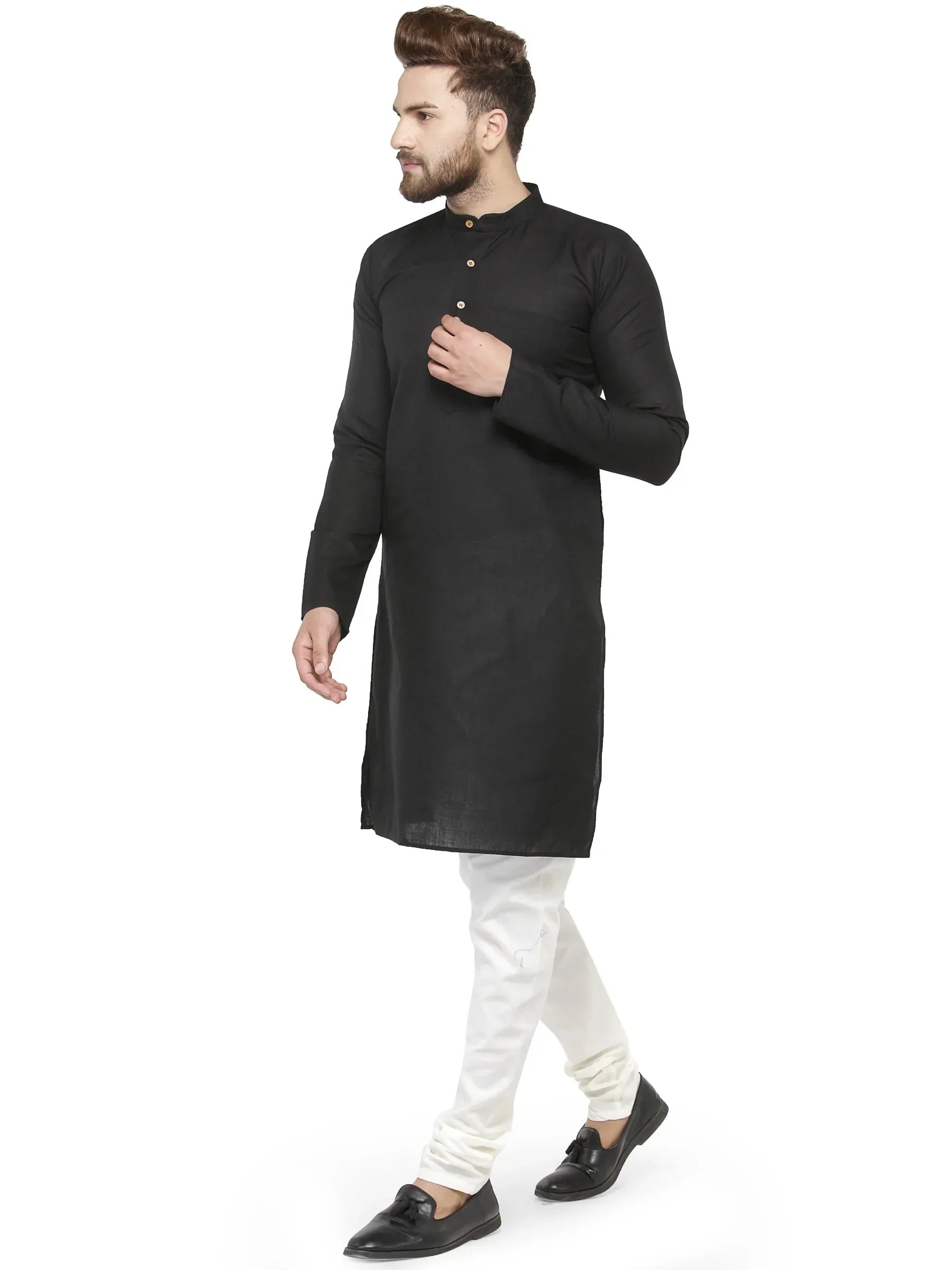 Jompers Men's Black & White Solid Kurta with Churidar