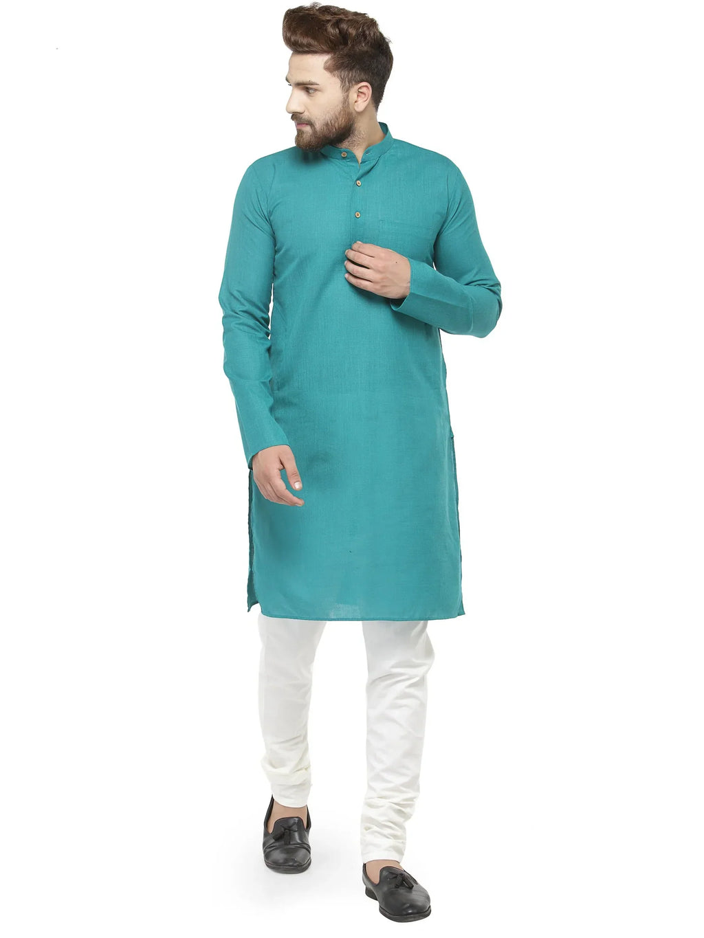 Jompers Men's Green & White Solid Kurta with Churidar