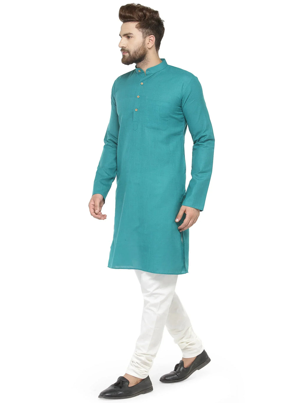 Jompers Men's Green & White Solid Kurta with Churidar