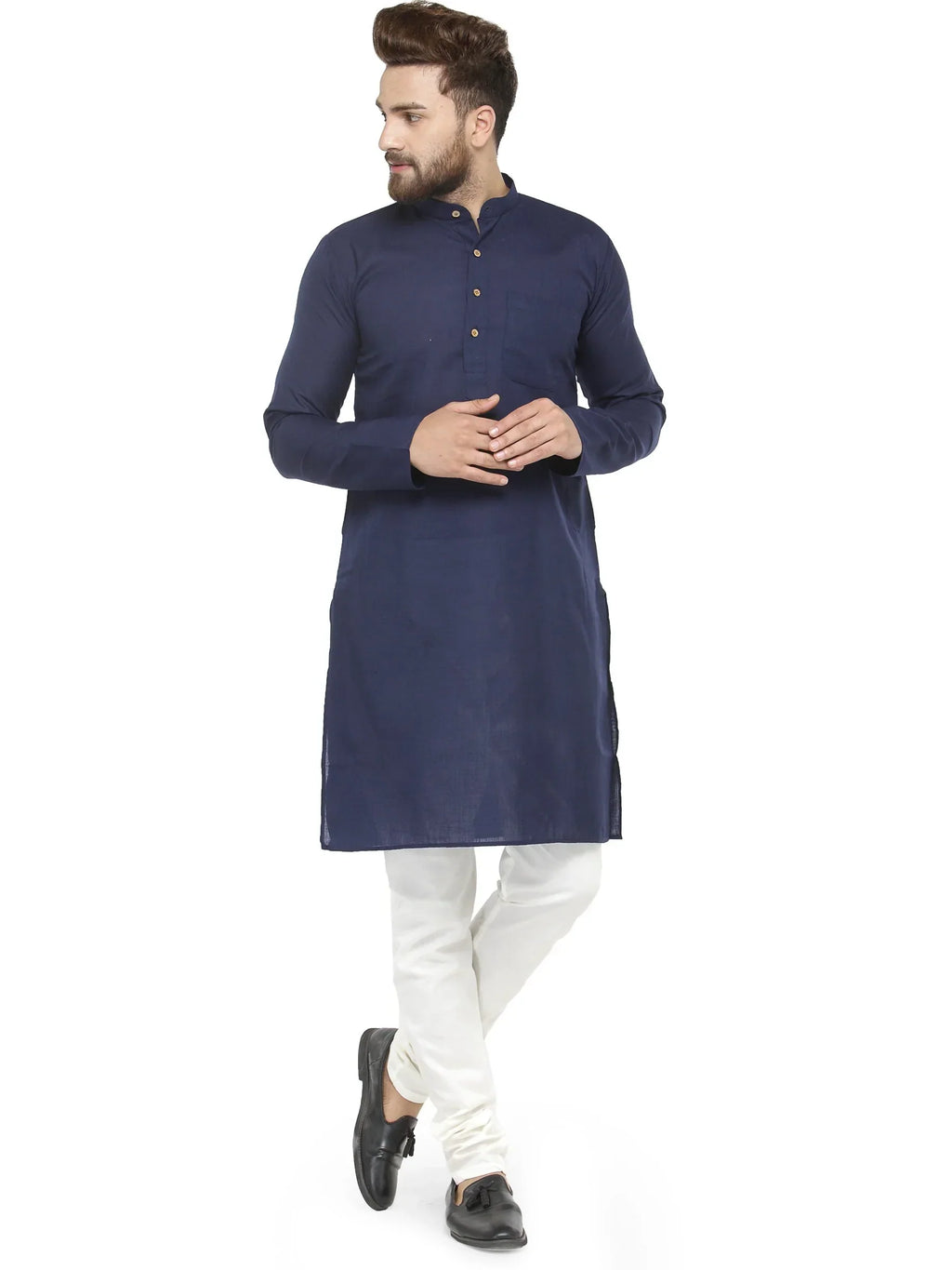 Jompers Men's Navy Blue & White Solid Kurta with Churidar