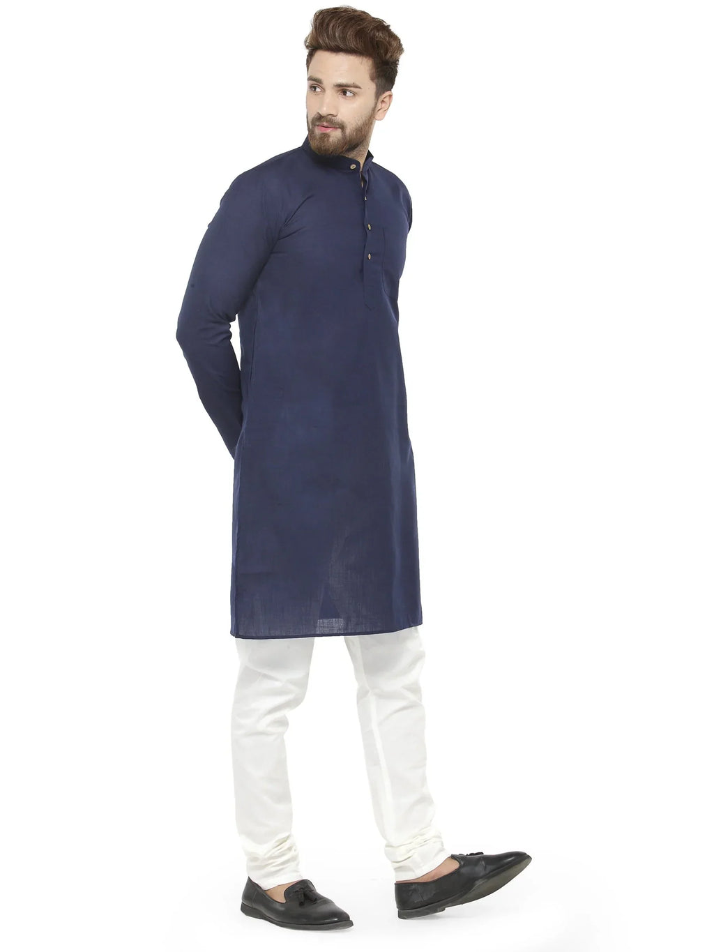 Jompers Men's Navy Blue & White Solid Kurta with Churidar