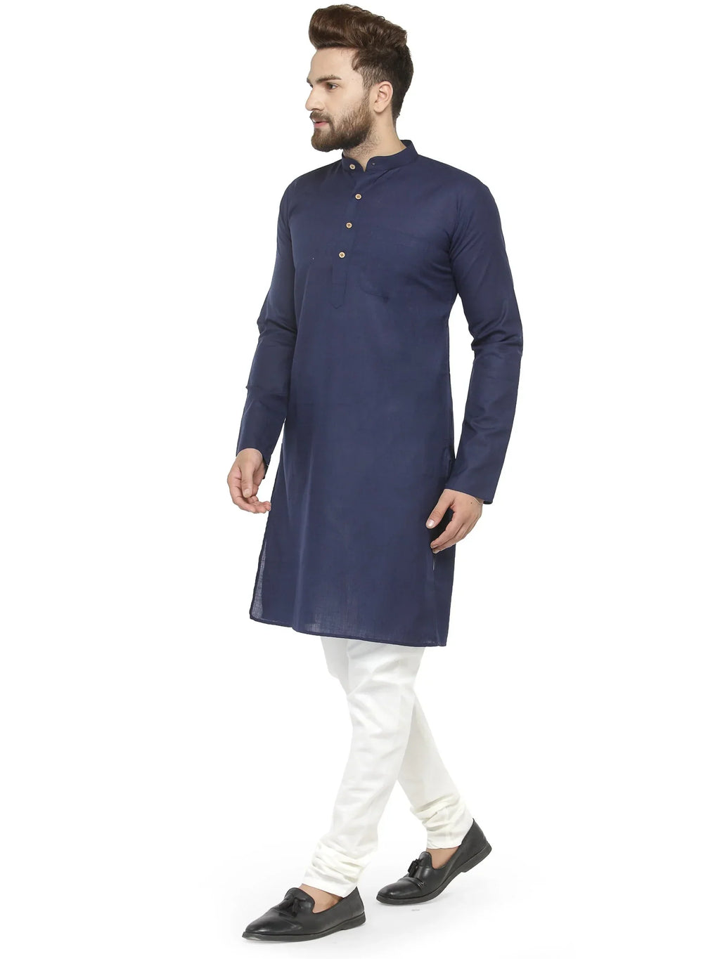 Jompers Men's Navy Blue & White Solid Kurta with Churidar