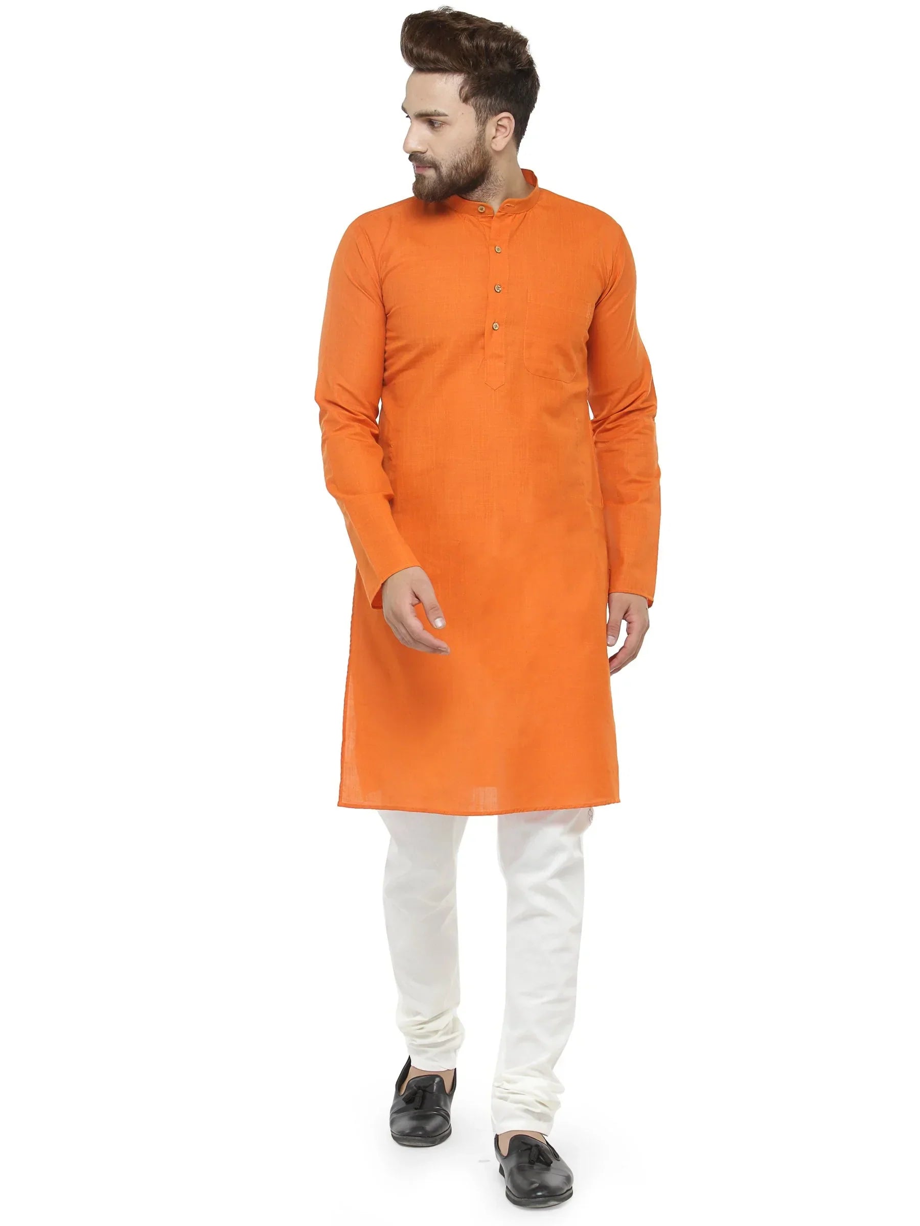 Jompers Men's Orange & White Solid Kurta with Churidar