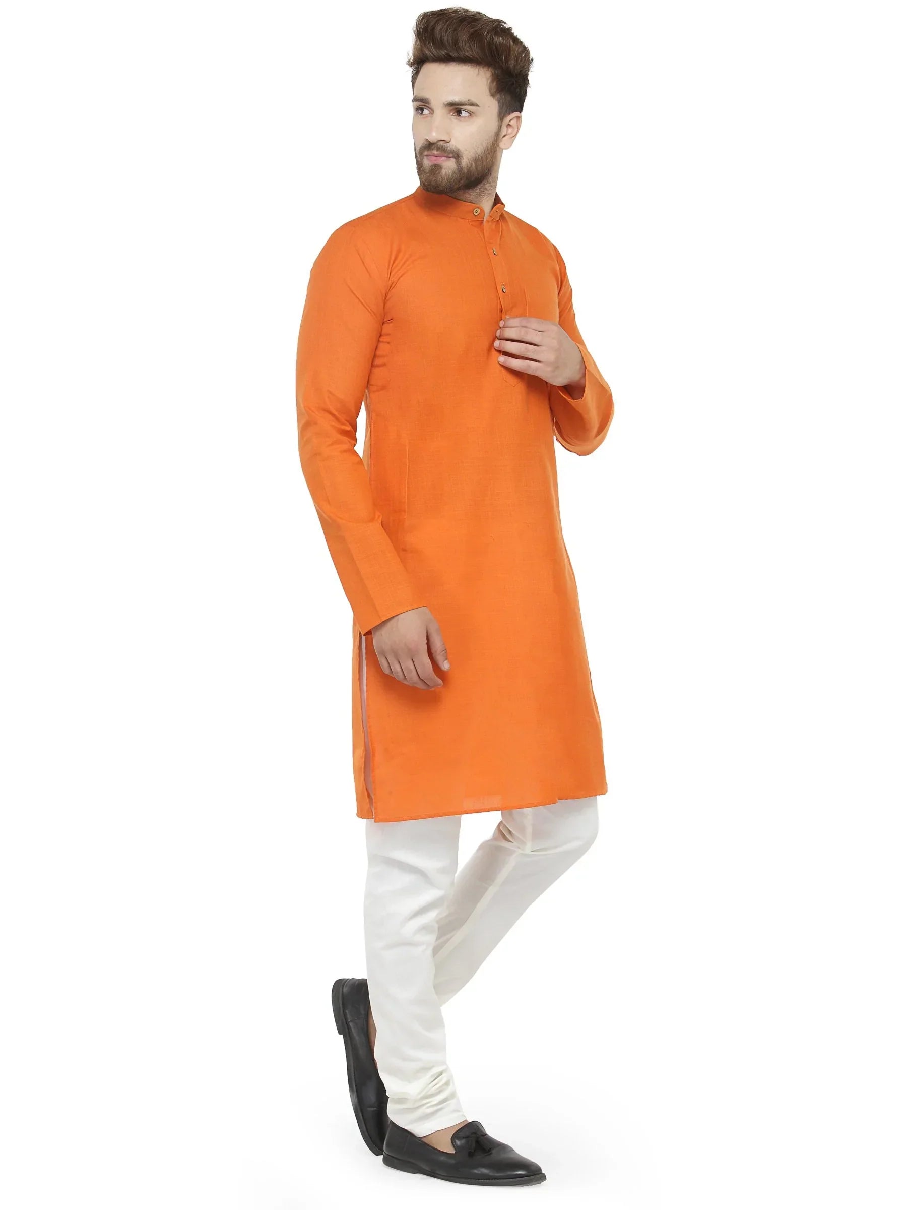 Jompers Men's Orange & White Solid Kurta with Churidar