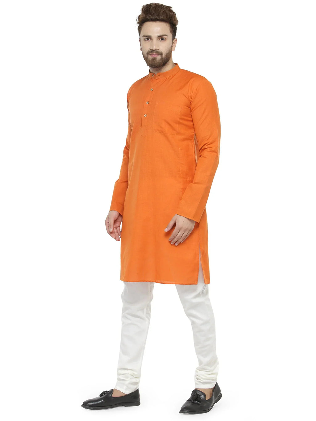 Jompers Men's Orange & White Solid Kurta with Churidar