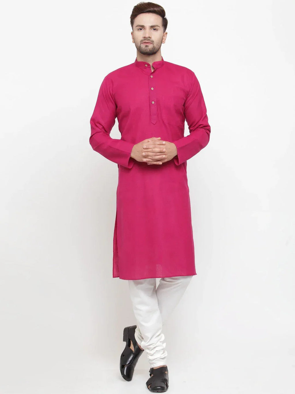 Jompers Men's Pink & White Solid Kurta with Churidar