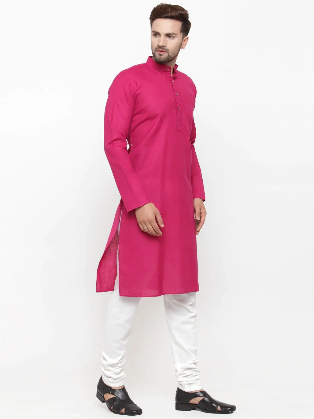 Jompers Men's Pink & White Solid Kurta with Churidar